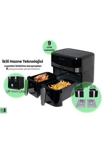 Wiami Airfryer 9 lt İki Hazneli Led Ekranlı Yağsız Sıcak Hava Fritözü Siyah