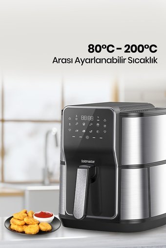 Goldmaster Gloria Airfryer 7 lt Tek Hazneli Led Ekranlı Yağsız Sıcak Hava Fritözü Siyah