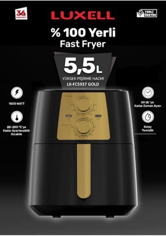 Luxell Lx-FC5937 Airfryer 5.5 lt Tek Hazneli Izgara Yapan Sıcak Hava Fritözü Siyah