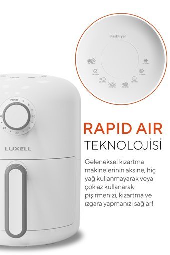 Luxell FastFryer LxAF-02 Airfryer 2 lt Tek Hazneli Izgara Yapan Yağsız Sıcak Hava Fritözü Beyaz