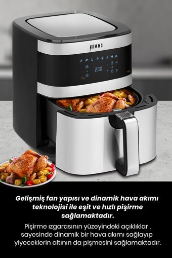 Homms H30 Airfryer 7 lt Tek Hazneli Led Ekranlı Yağsız Sıcak Hava Fritözü İnox