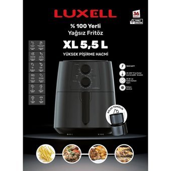 Luxell Lx-FC5130 Airfryer 5.5 lt Tek Hazneli Izgara Yapan Yağsız Sıcak Hava Fritözü Siyah