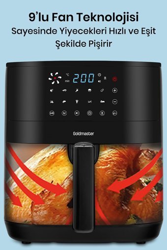 Goldmaster SmartFry Airfryer 6 lt Tek Hazneli Led Ekranlı Yağsız Sıcak Hava Fritözü Siyah
