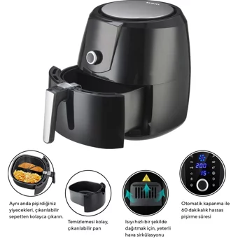 Kumtel HAF-06 Airfryer 8.5 lt Tek Hazneli Led Ekranlı Yağsız Sıcak Hava Fritözü Siyah