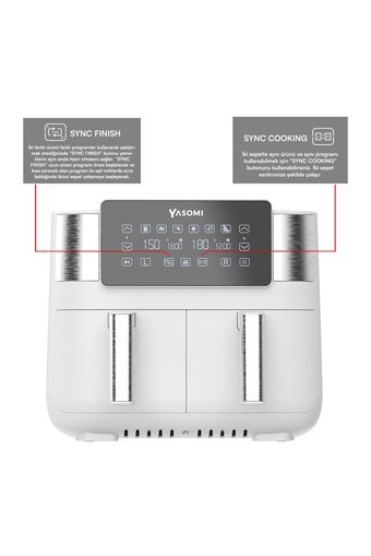 Yasomi Y80 Airfryer 8 lt İki Hazneli Izgara Yapan Led Ekranlı Yağsız Sıcak Hava Fritözü Beyaz