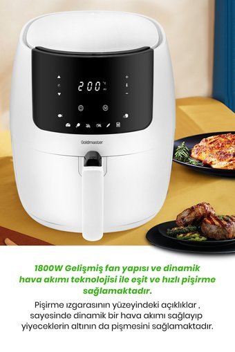 Goldmaster Romelio Airfryer 7 lt Tek Hazneli Led Ekranlı Yağsız Sıcak Hava Fritözü Beyaz
