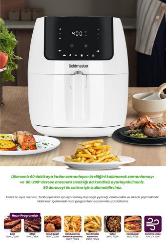 Goldmaster Airfryer 7 lt Tek Hazneli Izgara Yapan Yağsız Sıcak Hava Fritözü Beyaz