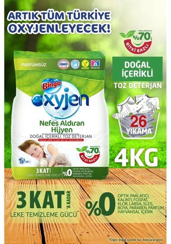 Bingo Oksijen Doğal İçerikli Renkliler ve Beyazlar İçin 78 Yıkama Toz Deterjan 3x4 kg