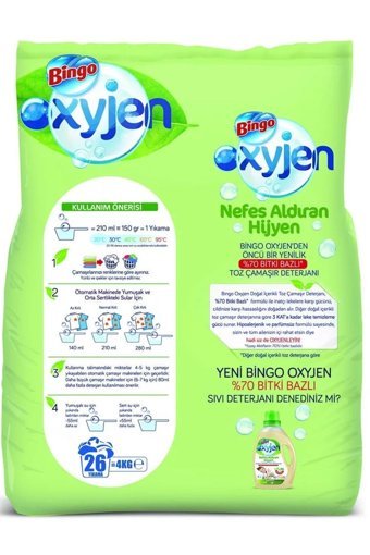 Bingo Oksijen Doğal İçerikli Renkliler ve Beyazlar İçin 52 Yıkama Toz Deterjan 2x4 kg