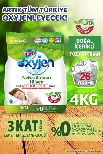 Bingo Oksijen Doğal İçerikli Renkliler ve Beyazlar İçin 52 Yıkama Toz Deterjan 2x4 kg