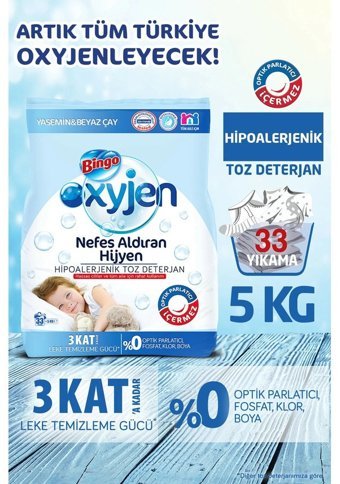 Bingo Oksijen Hipoalerjenik Yasemin ve Beyaz Çay Renkliler ve Beyazlar İçin 99 Yıkama Toz Deterjan 3x5 kg