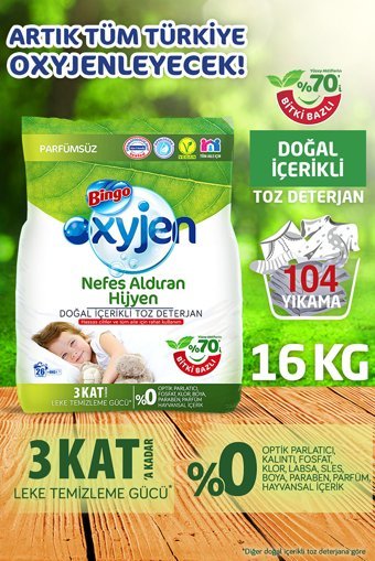 Bingo Oksijen Doğal İçerikli Renkliler ve Beyazlar İçin 104 Yıkama Toz Deterjan 4x4 kg