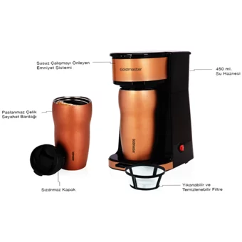 Goldmaster GM 7365G Gezgin Plastik Filtreli Termoslu 0.45 L Hazne Kapasiteli 4 Fincan 750 W Rose Gold Filtre Kahve Makinesi