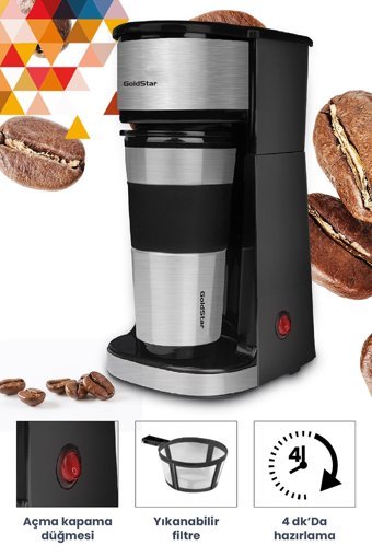 Goldstar ST7312 Plastik Filtreli Termoslu 0.45 L Hazne Kapasiteli 1 Fincan Mini 750 W İnox Filtre Kahve Makinesi