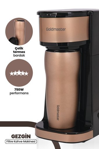 Goldmaster Gezgin Plastik Filtreli Termoslu 0.45 L Hazne Kapasiteli 4 Fincan 750 W Rose Gold Filtre Kahve Makinesi
