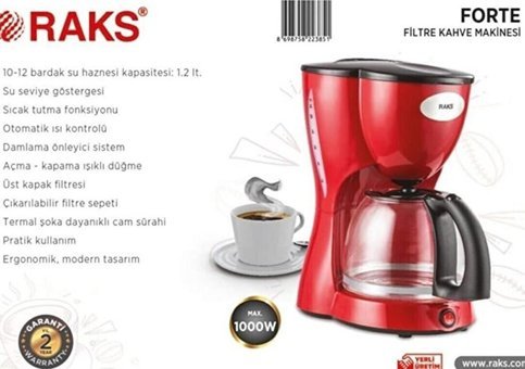 Raks Forte Plastik Filtreli Karaf 1.2 L Hazne Kapasiteli 12 Fincan 1000 W Kırmızı Filtre Kahve Makinesi