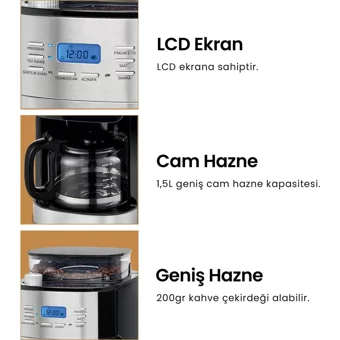 My Coffee Barista MC-104 Zaman Ayarlı Paslanmaz Çelik Filtreli Karaf 1 L Hazne Kapasiteli 12 Fincan 1050 W Siyah Filtre Kahve Makinesi