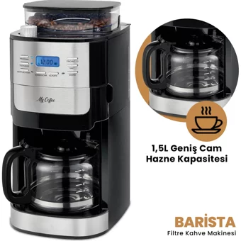 My Coffee Barista MC-104 Zaman Ayarlı Paslanmaz Çelik Filtreli Karaf 1 L Hazne Kapasiteli 12 Fincan 1050 W Siyah Filtre Kahve Makinesi
