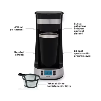 My Coffee Touch Mc-107 Zaman Ayarlı Paslanmaz Çelik Filtreli Bardaklı 0.45 L Hazne Kapasiteli 1 Fincan Mini 750 W Siyah Filtre Kahve Makinesi