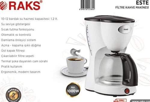 Raks Este Plastik Filtreli Karaf 1.2 L Hazne Kapasiteli 12 Fincan 1000 W Beyaz Filtre Kahve Makinesi