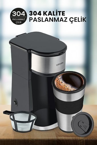 Goldmaster IN6310 Plastik Filtreli Termoslu 0.45 L Hazne Kapasiteli 1 Fincan Mini 750 W Siyah Filtre Kahve Makinesi