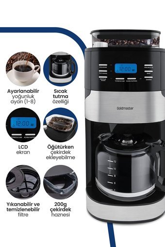 Goldmaster Zaman Ayarlı Plastik Filtreli Karaf 1.5 L Hazne Kapasiteli 10 Fincan 2200 W İnox Filtre Kahve Makinesi