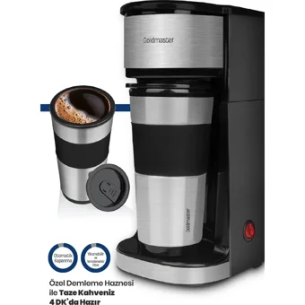 Goldmaster GM7351 Plastik Filtreli Termoslu 0.45 L Hazne Kapasiteli 1 Fincan Mini 750 W İnox Filtre Kahve Makinesi