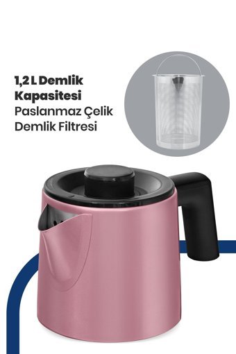 Karaca Tea Glass 2 In 1 Çelik Demlikli 1500 W Işıklı Çelik Gövdeli Siyah Rose Gold Çay Makinesi