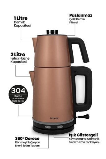 Gastroback Otomatik Çelik Demlikli 1500 W Işıklı Çelik Gövdeli Gri Retro Çay Makinesi
