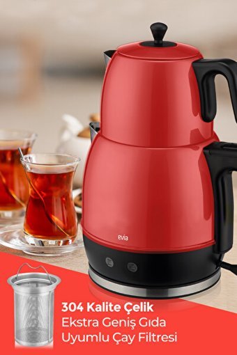 Evia 2200 Çayzade Çelik Demlikli 2200 W Işıklı Çelik Gövdeli Pembe Retro Çay Makinesi