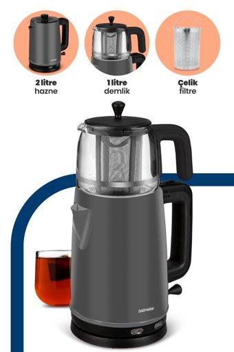 Fakir Temper Otomatik Çelik Demlikli 1650 W Işıklı Çelik Gövdeli Gri Retro Çay Makinesi