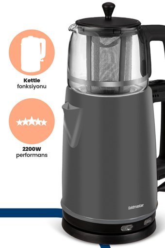 Fakir Temper Otomatik Çelik Demlikli 1650 W Işıklı Çelik Gövdeli Gri Retro Çay Makinesi
