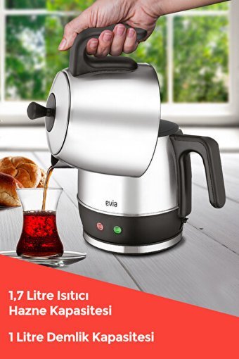 Evia 2200 Çayzade Çelik Demlikli 2200 W Işıklı Çelik Gövdeli Kırmızı Retro Çay Makinesi