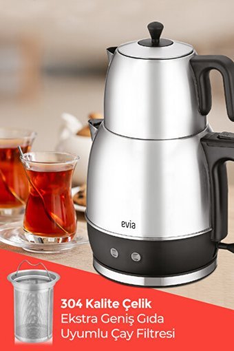Evia 2200 Çayzade Çelik Demlikli 2200 W Işıklı Çelik Gövdeli Kırmızı Retro Çay Makinesi