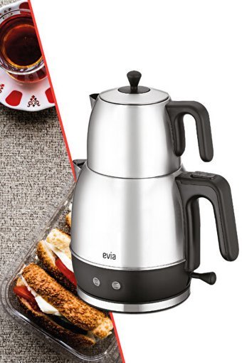 Evia 2200 Çayzade Çelik Demlikli 2200 W Işıklı Çelik Gövdeli Kırmızı Retro Çay Makinesi