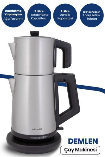 Goldmaster Dem Otomatik Çelik Demlikli 2200 W Işıklı Çelik Gövdeli Kırmızı Retro Çay Makinesi