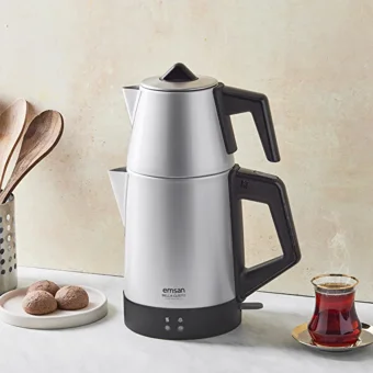 Emsan Bella Gusto Çelik Demlikli 1800 W Işıklı Çelik Gövdeli Gri Retro Çay Makinesi