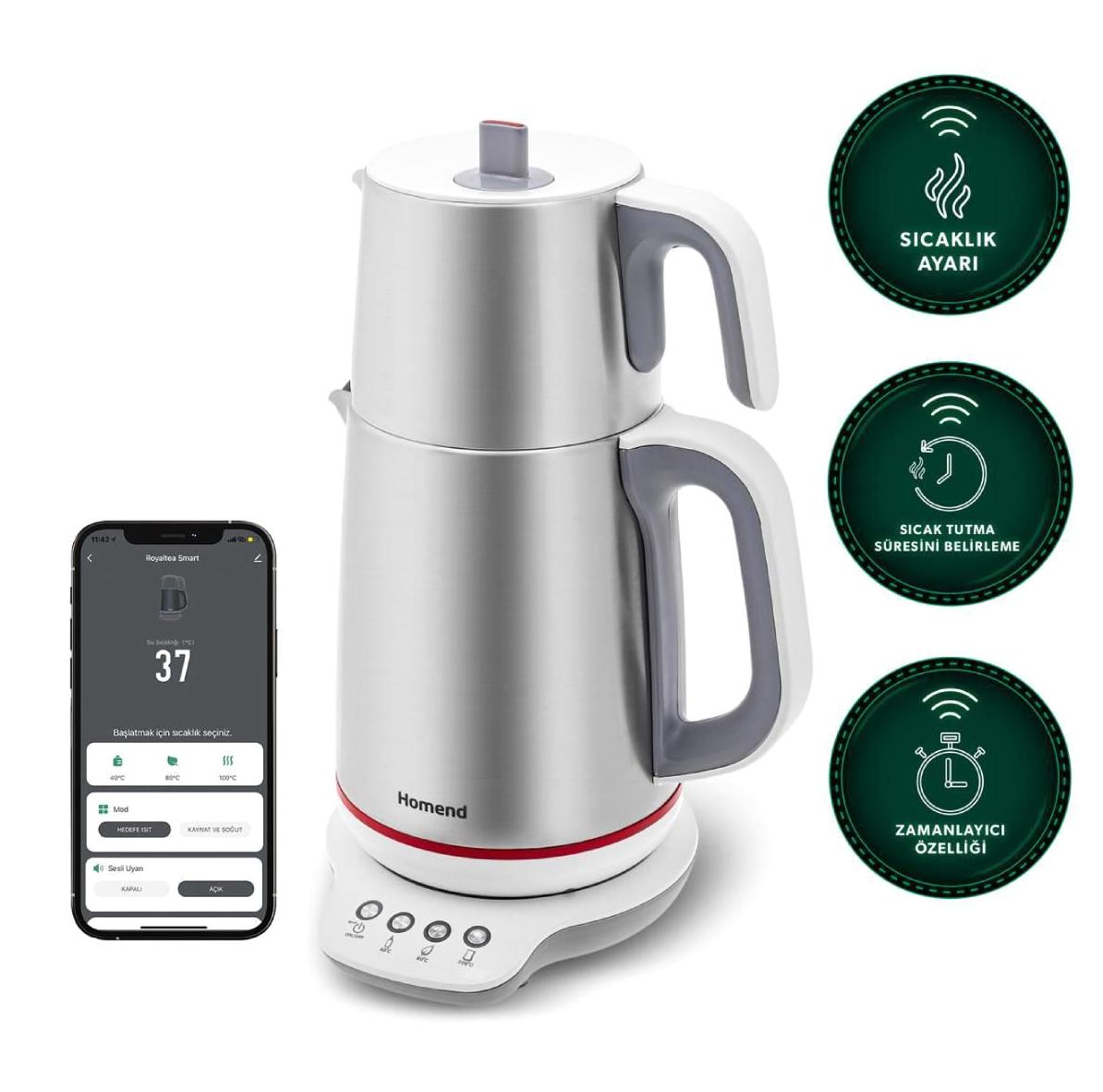 Homend 1790H Smart Royaltea Konuşan Otomatik Çelik Demlikli 1800 W Işıklı Çelik Gövdeli İnox Çay Makinesi