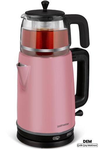 Goldmaster Emirgan Otomatik Çelik Demlikli 2200 W Işıklı Çelik Gövdeli Pembe Retro Çay Makinesi
