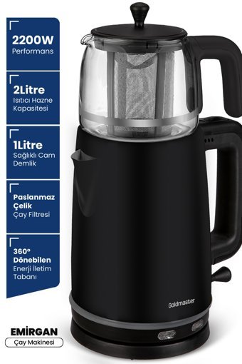 Goldmaster Emirgan Otomatik Çelik Demlikli 2200 W Işıklı Çelik Gövdeli Gri Retro Çay Makinesi