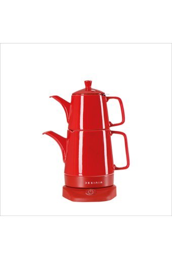 Desınıa Çelik Demlikli 1600 W Işıklı Porselen Gövdeli Kırmızı Retro Çay Makinesi