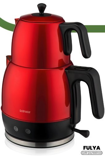 Goldmaster Fulya Otomatik Çelik Demlikli 2200 W Işıklı Çelik Gövdeli Kırmızı Retro Çay Makinesi