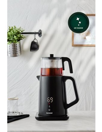 Homend 1773 H Royaltea Konuşan Otomatik Cam Demlikli 1800 W Işıklı Çelik Gövdeli Siyah Çay Makinesi