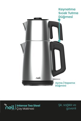 Nell Intense Çelik Demlikli 1650 W Işıklı Çelik Gövdeli İnox Retro Çay Makinesi