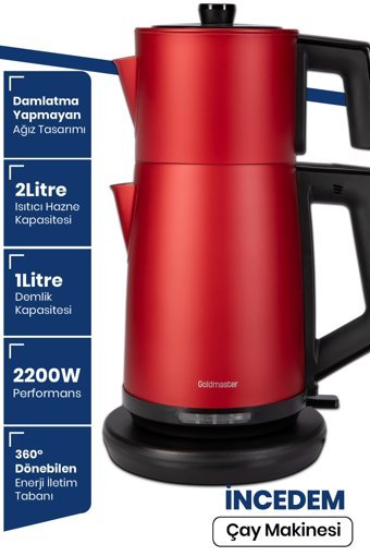 Goldmaster IN 6306 İncedem Otomatik Çelik Demlikli 2200 W Işıklı Çelik Gövdeli Kırmızı Retro Çay Makinesi