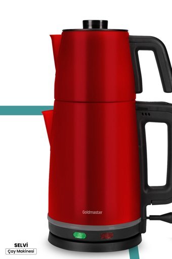 Goldmaster Selvi Otomatik Çelik Demlikli 2200 W Işıklı Çelik Gövdeli Kırmızı Retro Çay Makinesi