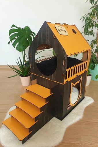 Mavi Trend Üçgen İki Katlı İç Mekan Ahşap Kedi Evi Koyu Kahverengi Turuncu