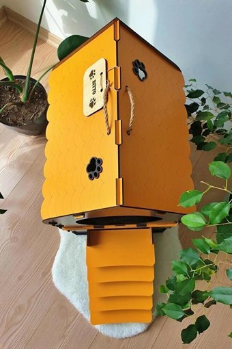 Mavi Trend Üçgen İki Katlı İç Mekan Ahşap Kedi Evi Koyu Kahverengi Turuncu