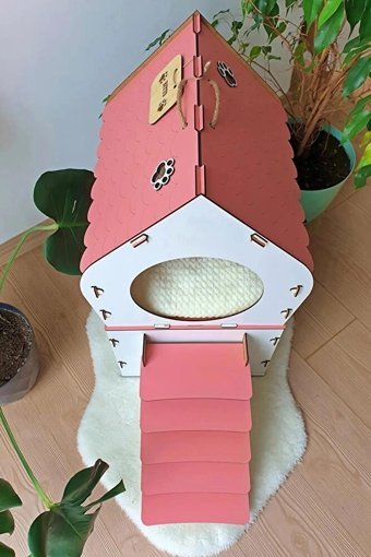 Mavi Trend Üçgen İki Katlı İç Mekan Ahşap Kedi Evi Beyaz Pembe