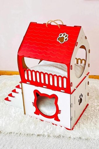 Mavi Trend Üçgen İki Katlı İç Mekan Ahşap Kedi Evi Beyaz Kırmızı